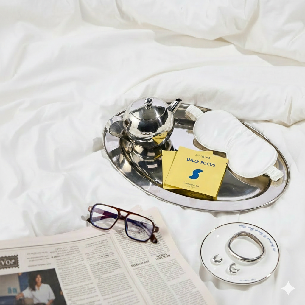 Tray with teapot, glasses, and 'Daily Focus' cards on a white surface
