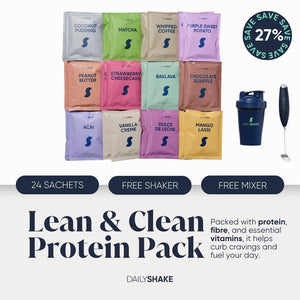 A promotional image featuring a collection of 24 protein shake sachets in various flavors, with a free shaker and mixer included. The sachets are displayed in a grid arrangement with a ' Lean & Clean Protein Pack' title and additional details about the product.