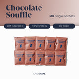 Pack of ten single sachets labeled 'Chocolate Souffle', indicating 203 calories, 23g protein, and 7g fiber per sachet.