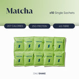 A pack of ten single sachet servings of Matcha flavored daily shake, displaying nutritional information such as 207 calories, 25g protein, and 4g fiber.