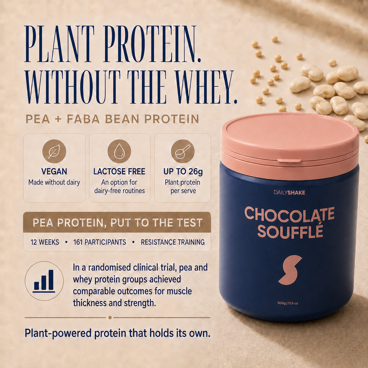 Chocolate Soufflé Daily Shake plant protein with pea and faba beans, vegan and lactose free