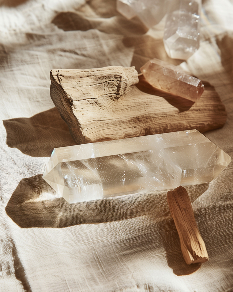 Clear crystal and wooden pieces on a textured surface